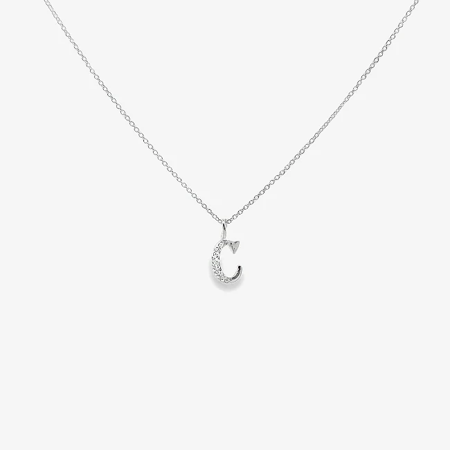 Letter C Silver & CZ Initial Pendant Necklace, 40-45cm
