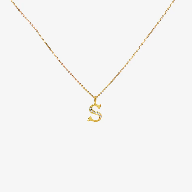 Letter S Gold & CZ Initial Pendant Necklace, 40-45cm