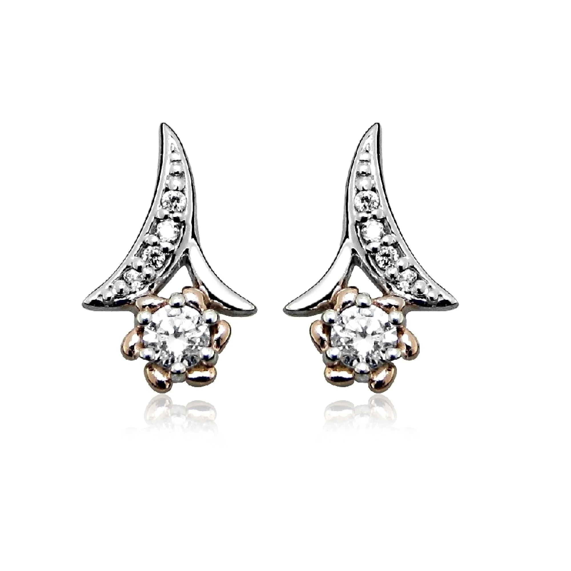 Rose Gold, Silver & CZ Flower Stud Earrings