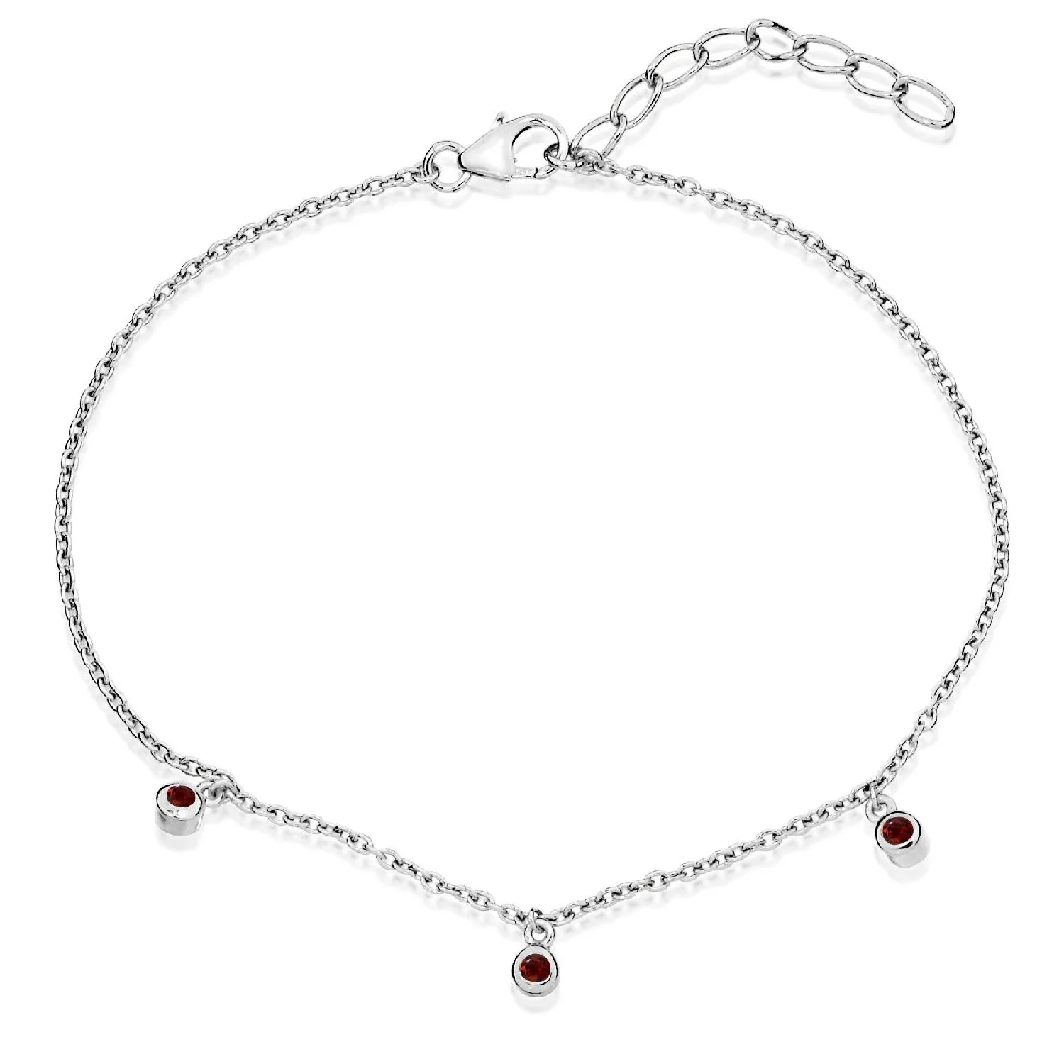 Silver and Red Garnet CZ Triple Stone January Birthstone Bracelet
