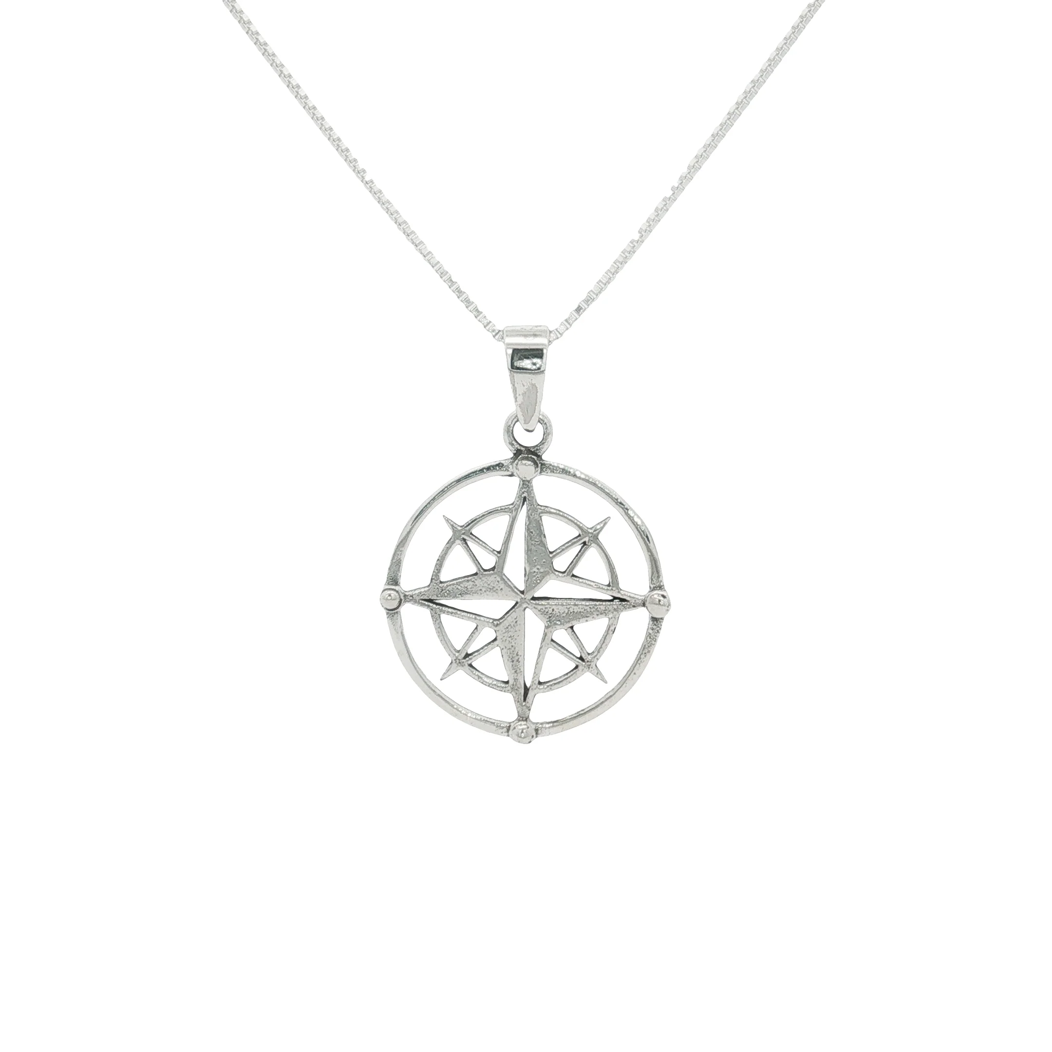 Silver Disc Compass Pendant Necklace