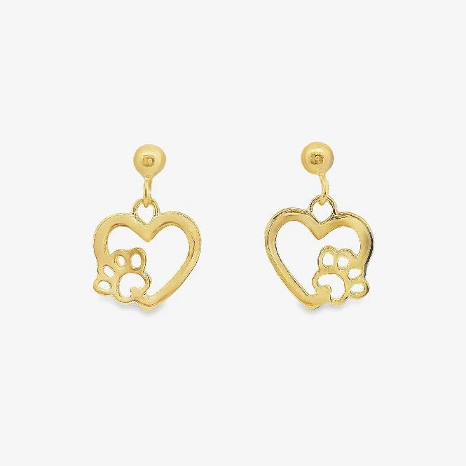 Gold Paw Print Heart Drop Earrings