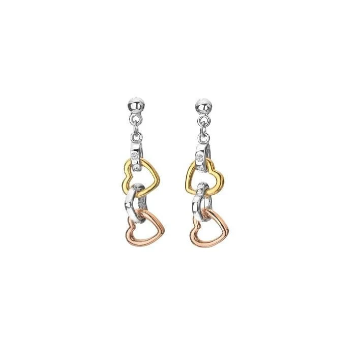 Silver Trio Triple Heart Earrings with Gold - Image 2