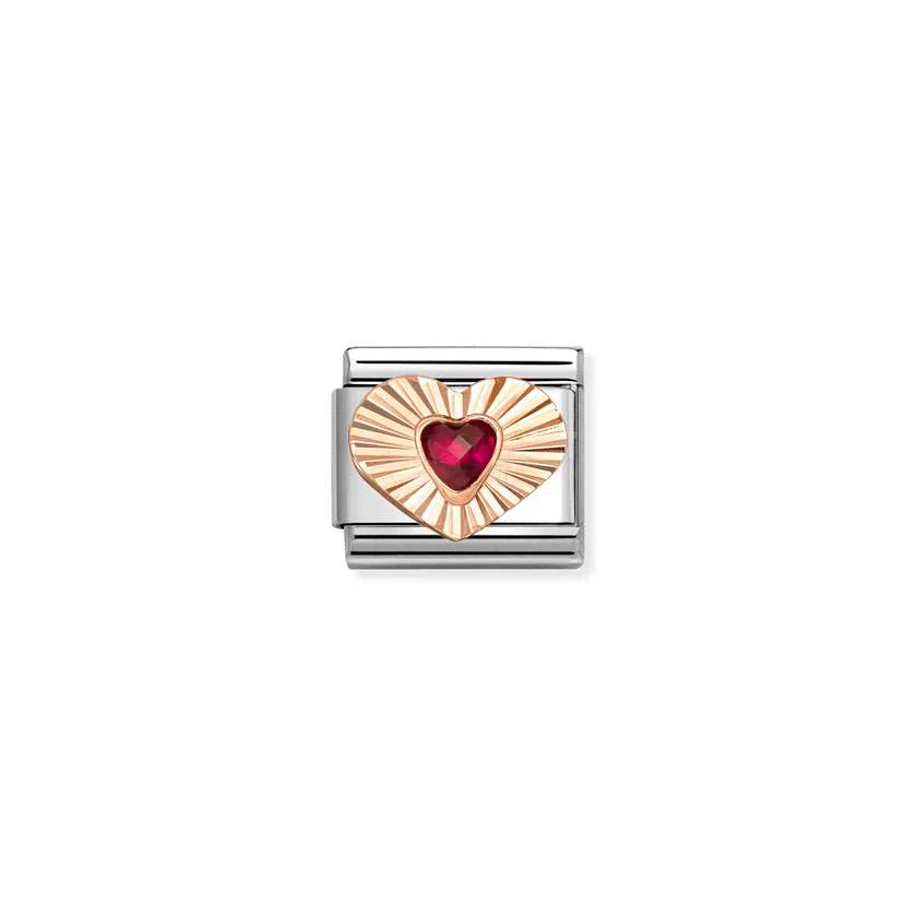 Classic Rose Gold Diamond-Etched Heart with Red CZ Sparkly & Stones Charms