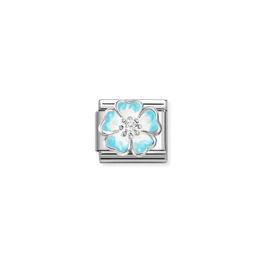 Classic Silver CZ and Enamel White & Blue Shaded Blossom Flowers & Nature Charms