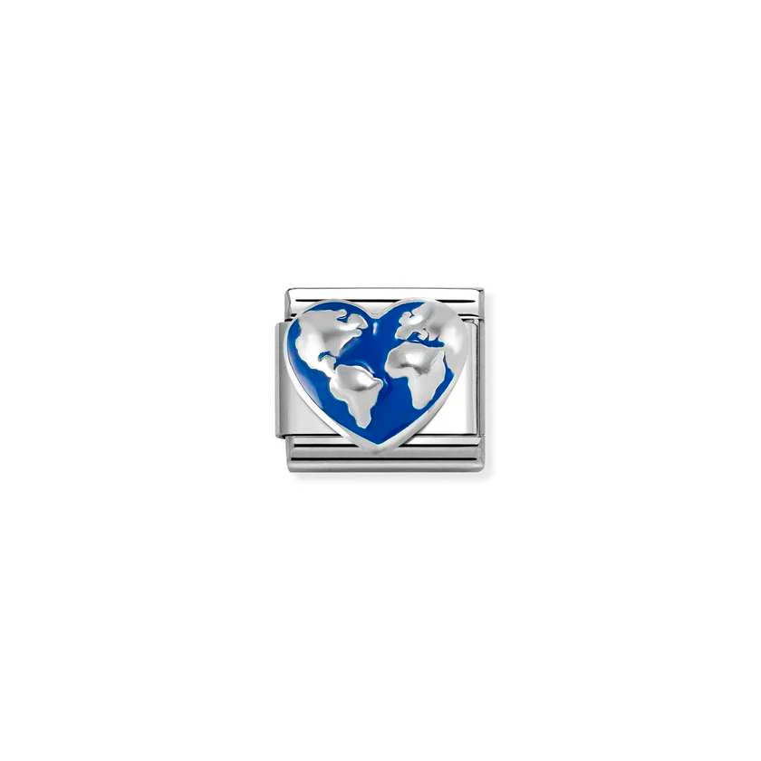 Classic Silver and Enamel Blue Heart Globe Travel & Flag Charms
