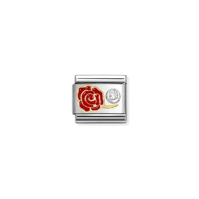Classic Two-Tone Gold, Silver and Enamel Red Rose with White CZ Flowers & Nature Charms