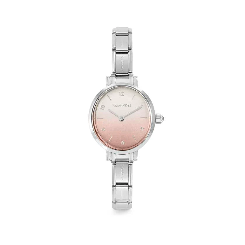 Time Paris Oval Pink Dial & Silver Charm Bracelet Watch with CZ
