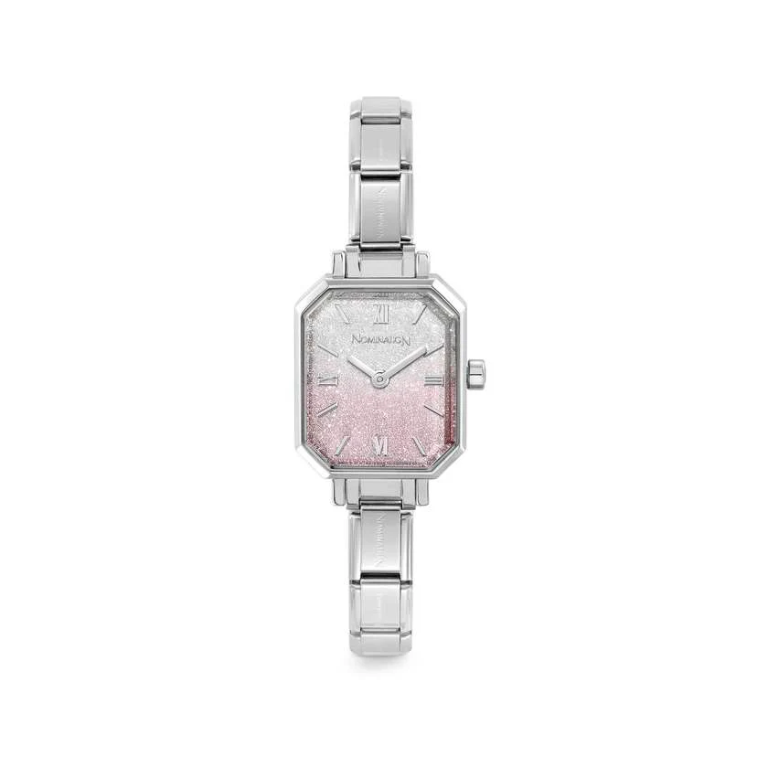 Time Paris Rectangle Pink Glitter Gradient Dial & Silver Charm Bracelet Watch