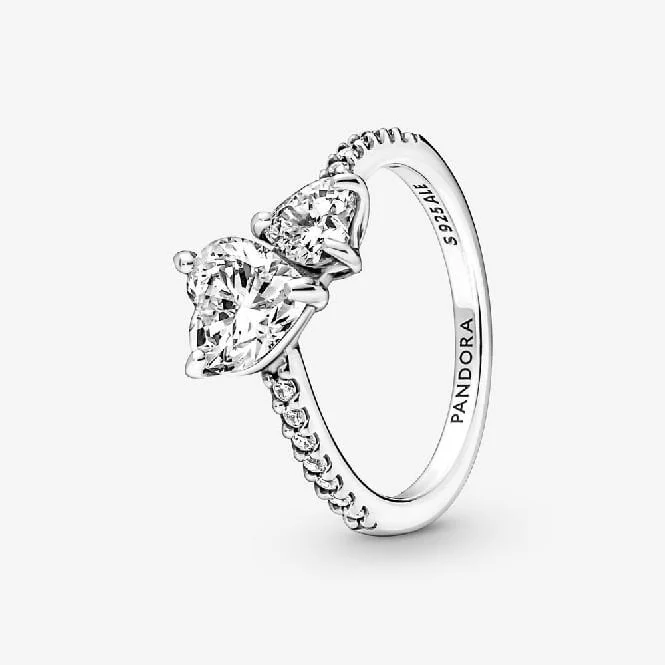 Double Heart Sparkling Ring, Size 56