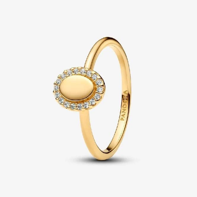 Gold Engravable Oval Halo Ring, Size 56