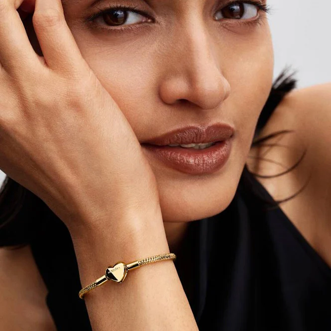 Gold Heart Clasp Faceted Snake Chain Bracelet, 19cm - Image 2