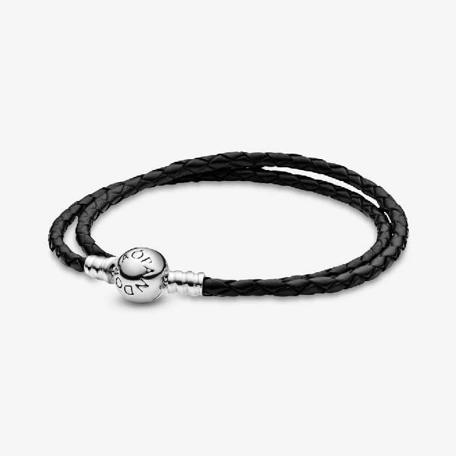 Moments Double Black Leather Bracelet, 35cm