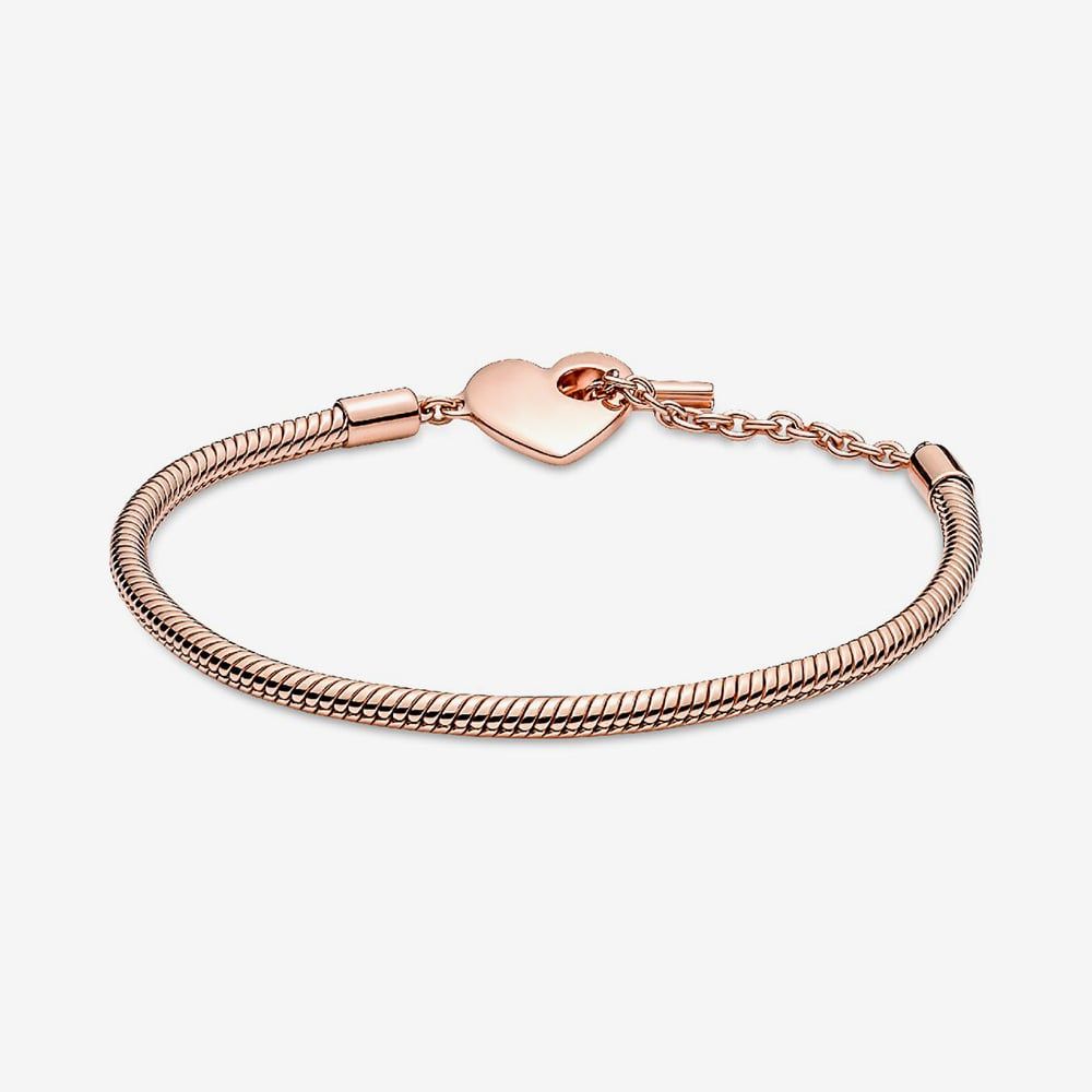 Moments Rose Heart T-Bar Snake Chain Bracelet, 17cm - Image 3