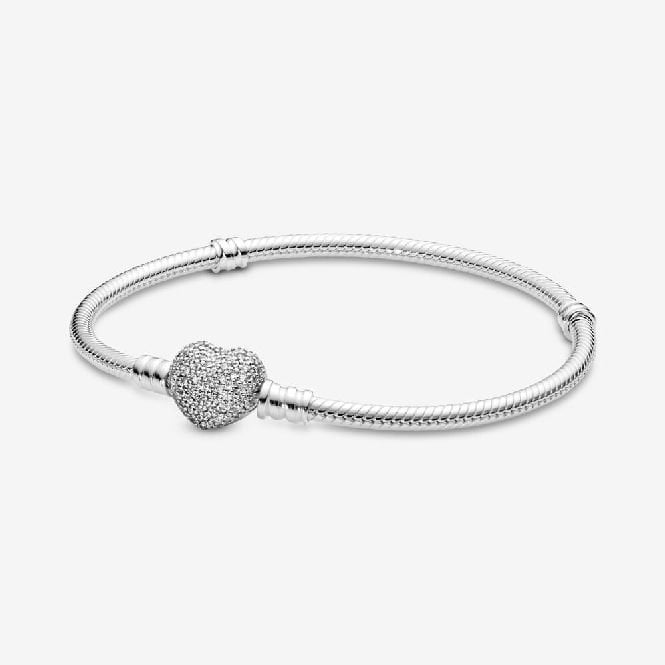 Moments Sparkling Heart Pave Clasp Snake Chain Bracelet, 20cm