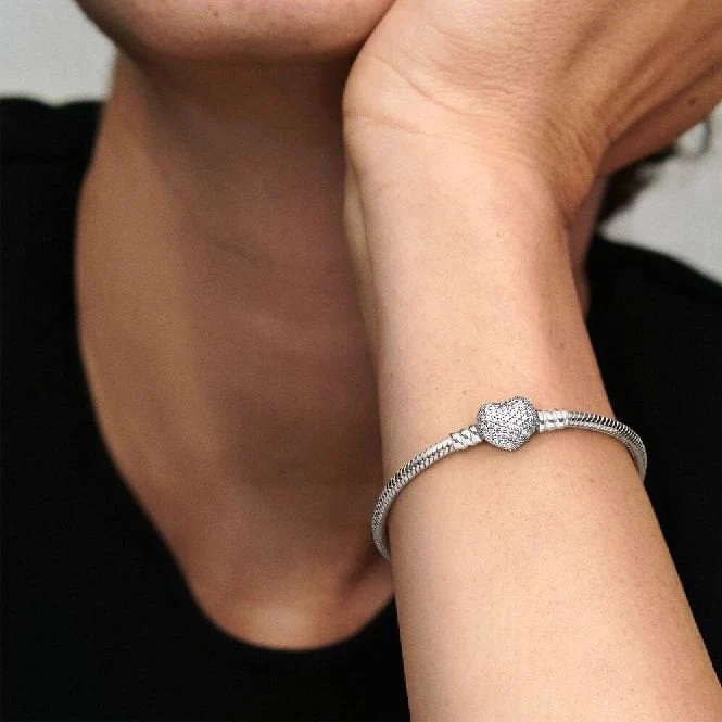 Moments Sparkling Heart Pave Clasp Snake Chain Bracelet, 16cm - Image 3