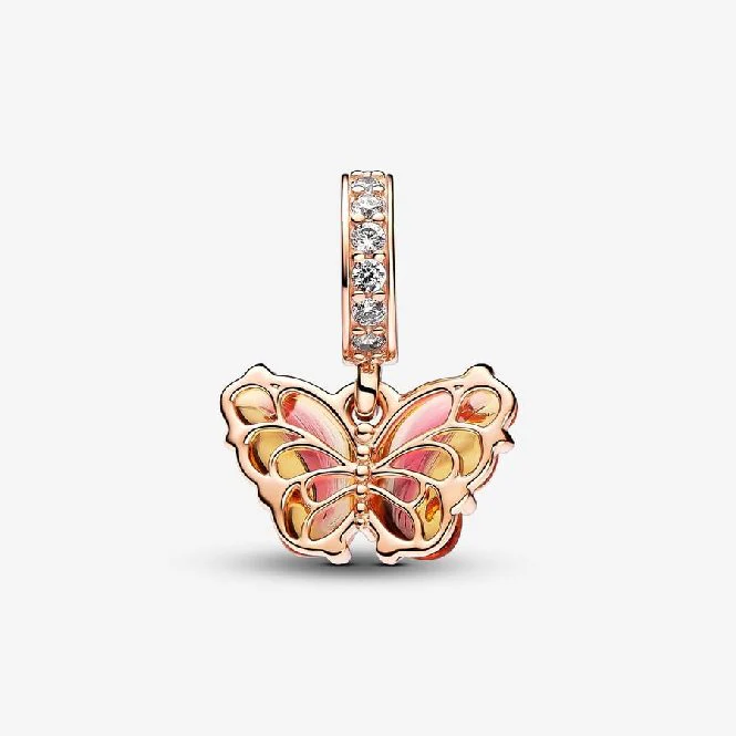 Rose Pink & Yellow Murano Glass Butterfly Dangle Charms - Image 2