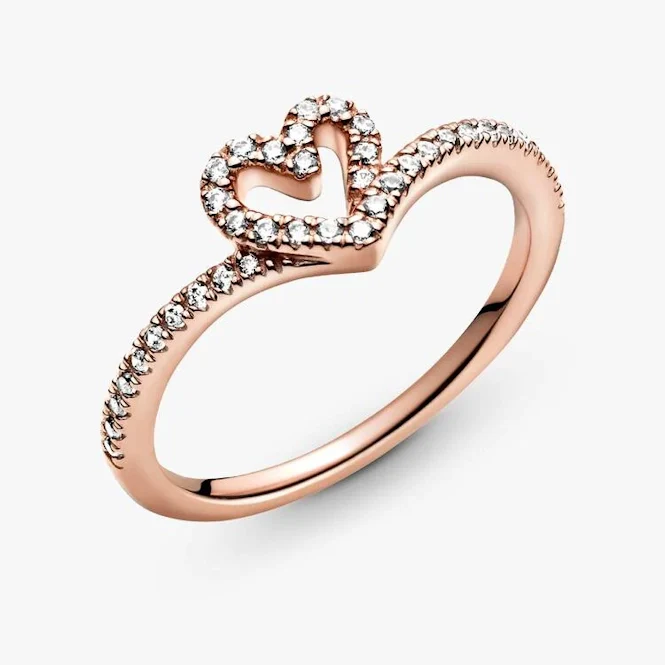Rose Sparkling Wishbone Heart Ring, Size 60 - Image 4