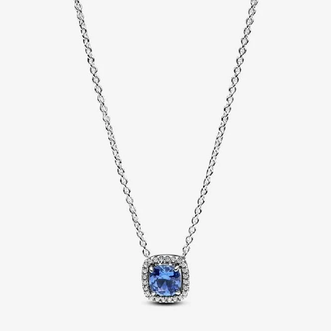 Sparkling Square Blue Halo Pendant Necklace, 45cm