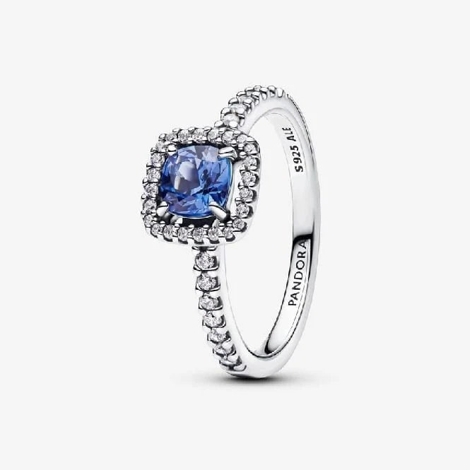 Sparkling Square Blue Halo Ring, Size 54