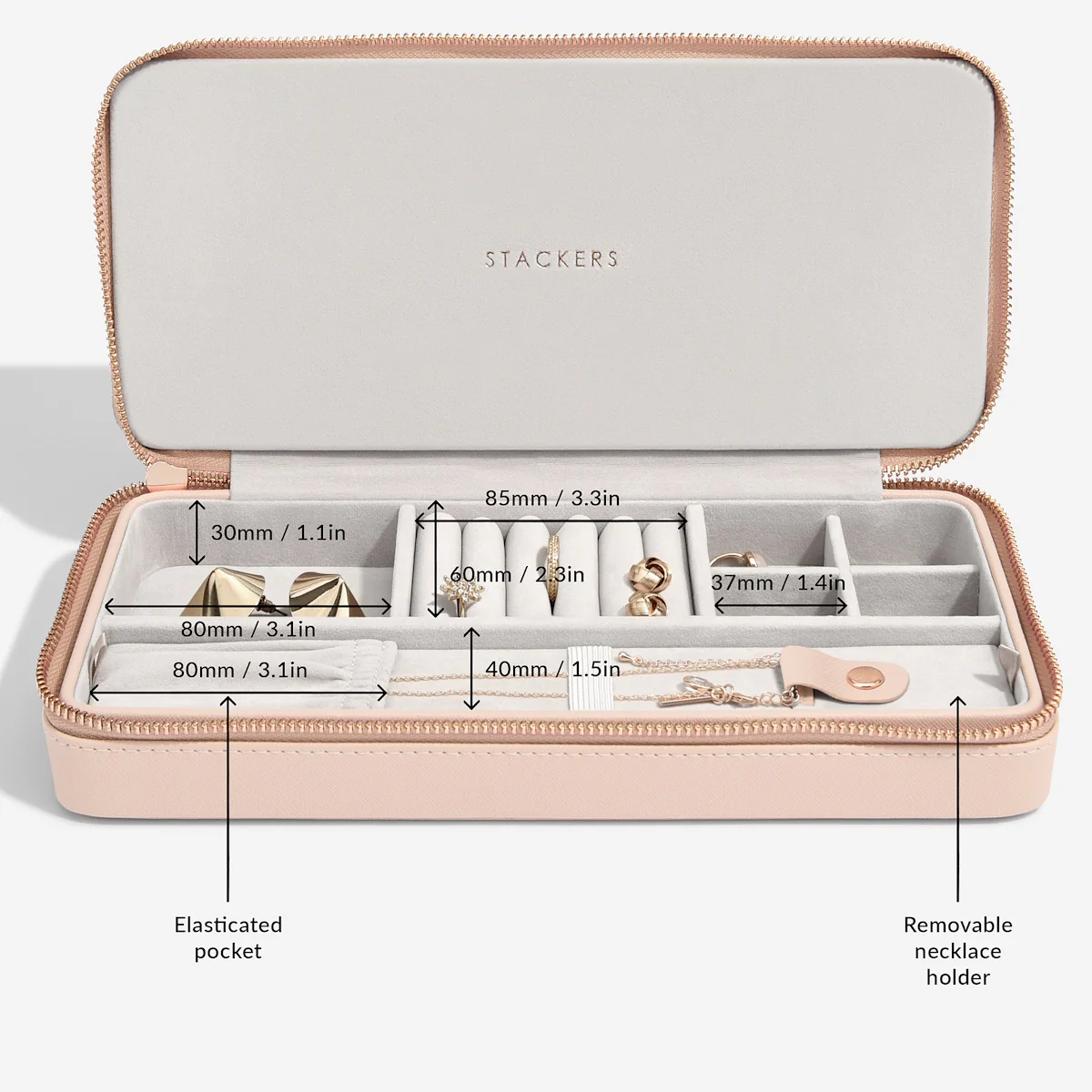 Sleek Blush Pink Necklace Zipped Travel Jewellery Box - Image 2