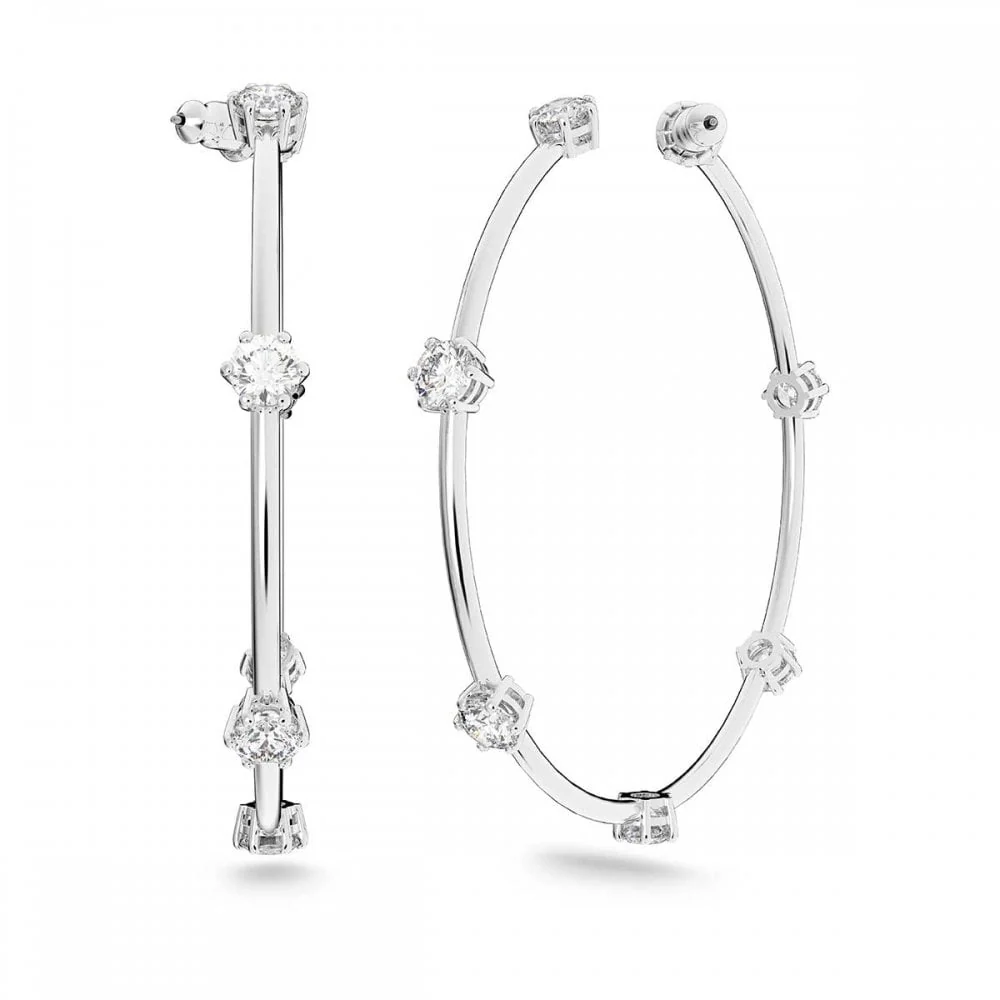 Constella Hoop Earrings with Round-Cut White Crystal in Rhodium Silver