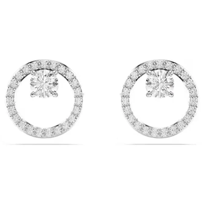 Constella Stud Earrings with Round-Cut White Crystal in Rhodium Silver - Image 2