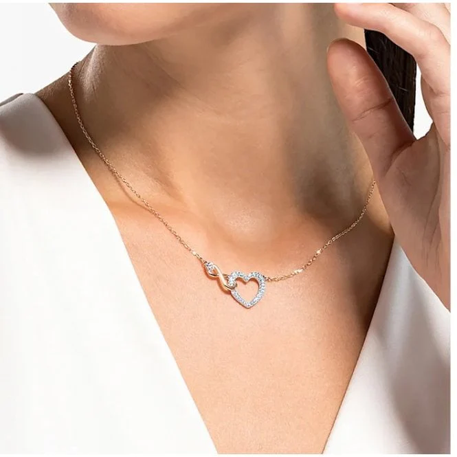 Hyperbola Infinity Heart Necklace with White Crystal in Rose Gold and Rhodium Silver - Image 3