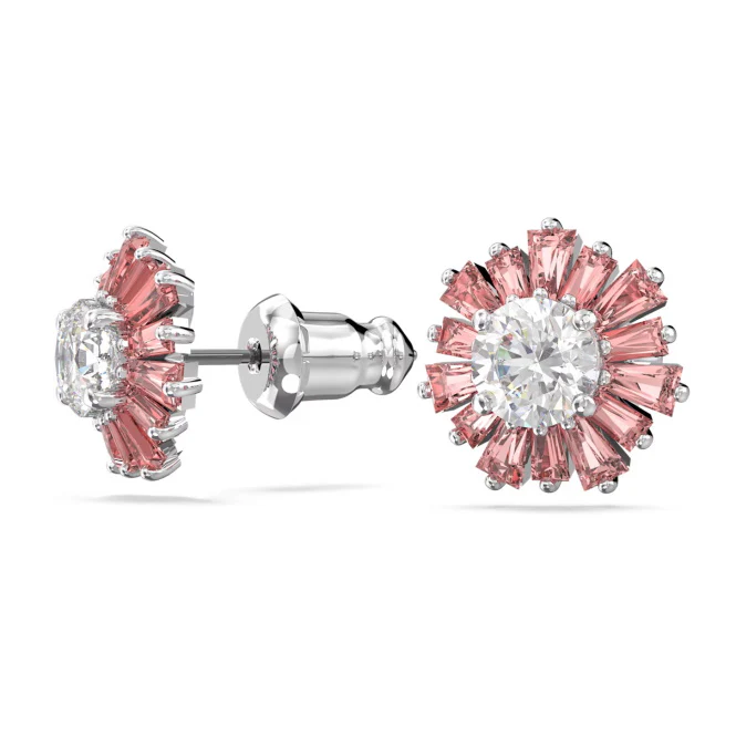 Idyllia Sun Stud Earrings with Mixed-Cut Pink Crystal in Rhodium Silver