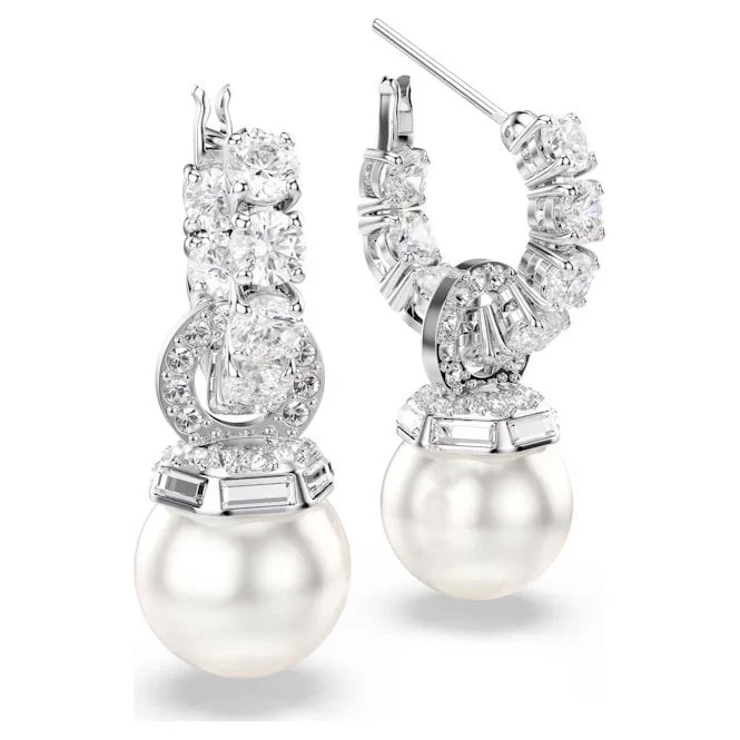 Matrix Drop Earrings with Round-Cut White Crystal & Pearl in Rhodium Silver