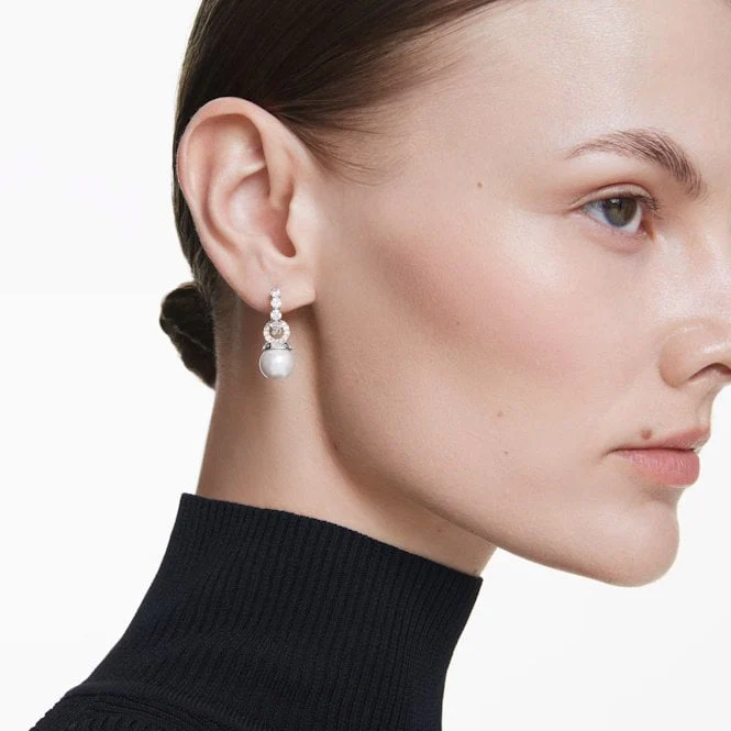 Matrix Drop Earrings with Round-Cut White Crystal & Pearl in Rhodium Silver - Image 4