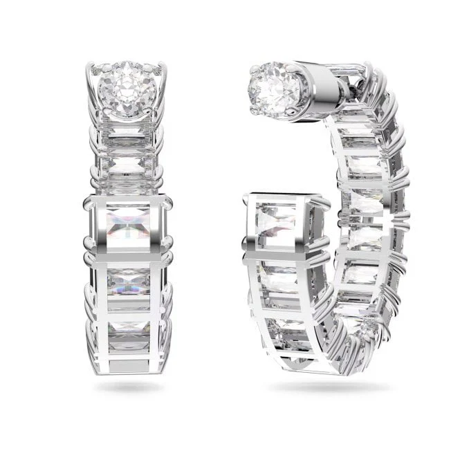 Matrix Octagon Cut Hoop Earrings with White Crystal in Rhodium Silver - Image 2