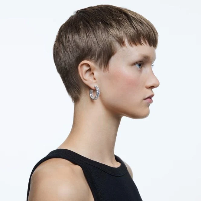 Matrix Octagon Cut Hoop Earrings with White Crystal in Rhodium Silver - Image 3