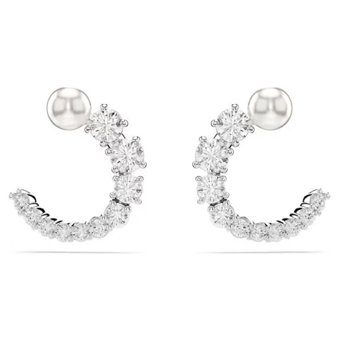 Matrix Pearl Hoop Earrings with Round-Cut White Crystal in Rhodium Silver - Image 2