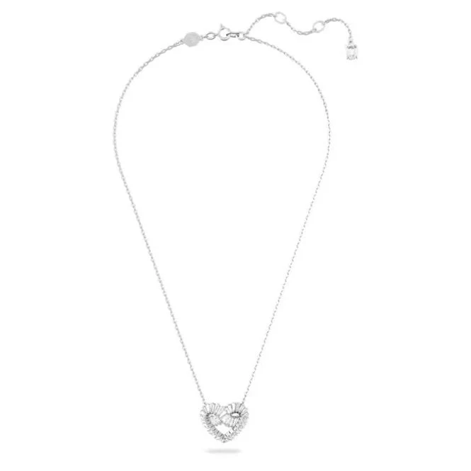 Matrix Pendant Necklace with Mixed-Cut White Crystal Hearts in Rhodium Silver - Image 2