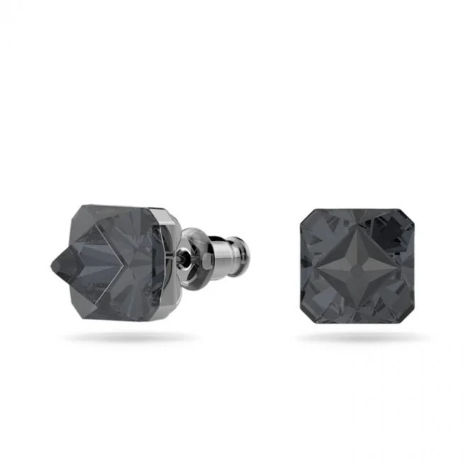 Matrix Pyramid Cut Stud Earrings with Grey Crystal in Ruthenium - Image 3