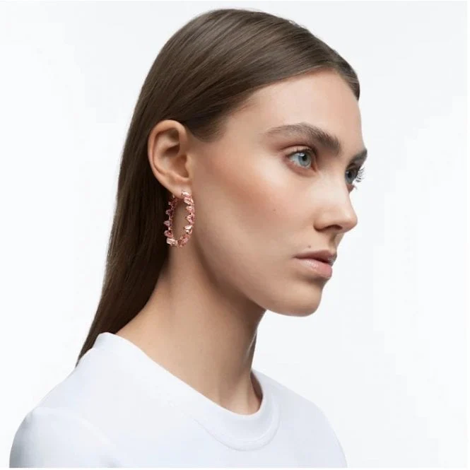 Matrix Triangle Cut Hoop Earrings with Pink Crystal in Rose Gold - Image 2