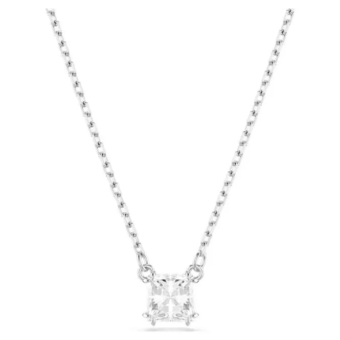 Stilla Pendant Necklace with Square-Cut White Crystal in Rhodium Silver
