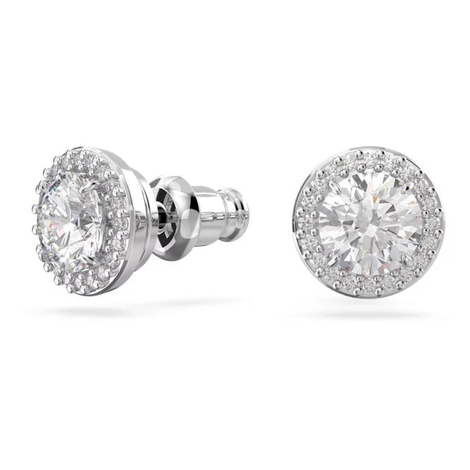 Una Angelic Stud Earrings with Round-Cut White Crystal Pave in Rhodium Silver
