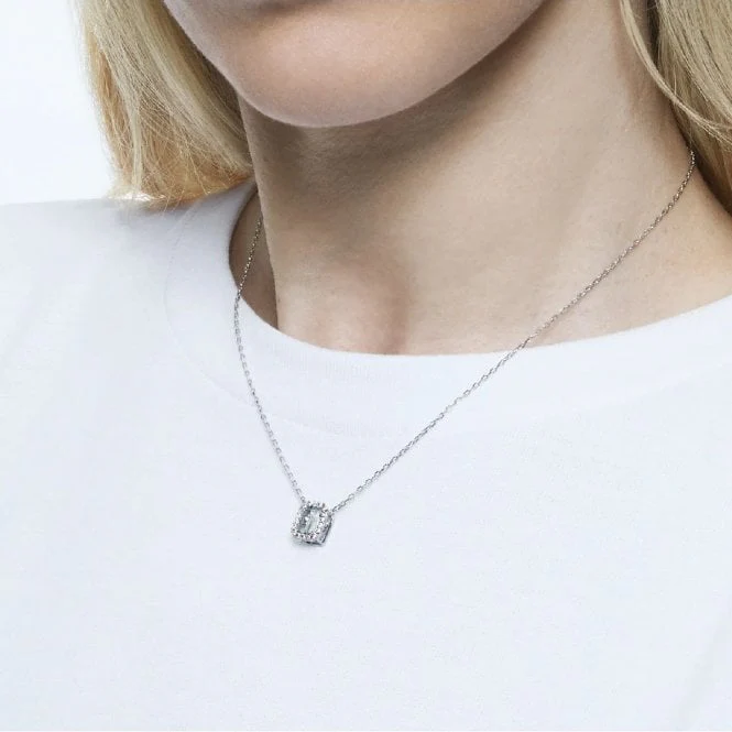Una Pendant Necklace with Octagon-Cut White Crystal in Rhodium Silver - Image 3